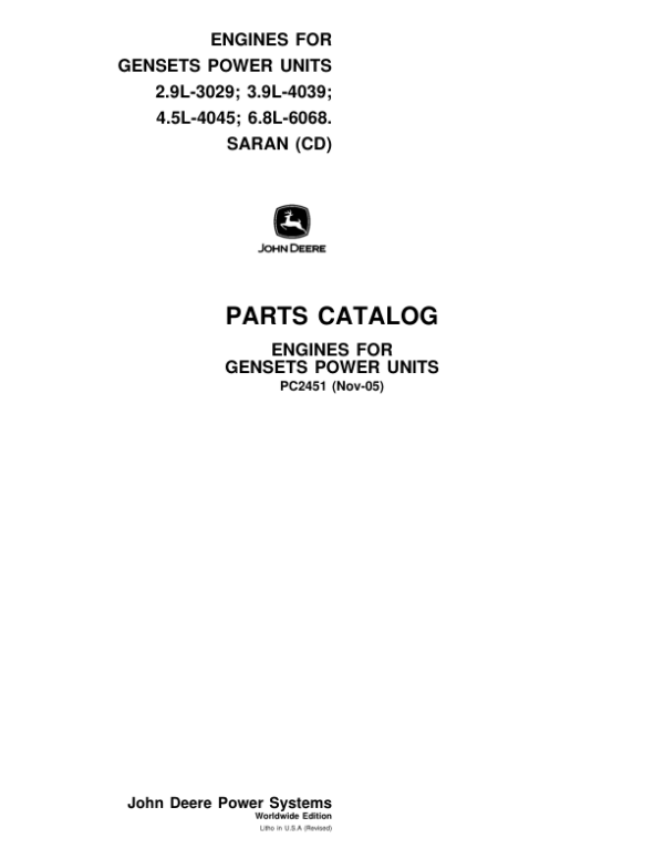 John Deere Engines for Gensets Power Units Engines Parts Catalog Manual – PC2451 Workshop Guide