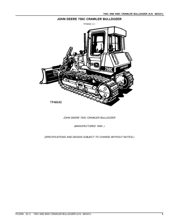 John Deere 750C, 850C Crawler Dozers (SN before – 883331) Parts Catalog Manual – PC2509 Workshop Guide