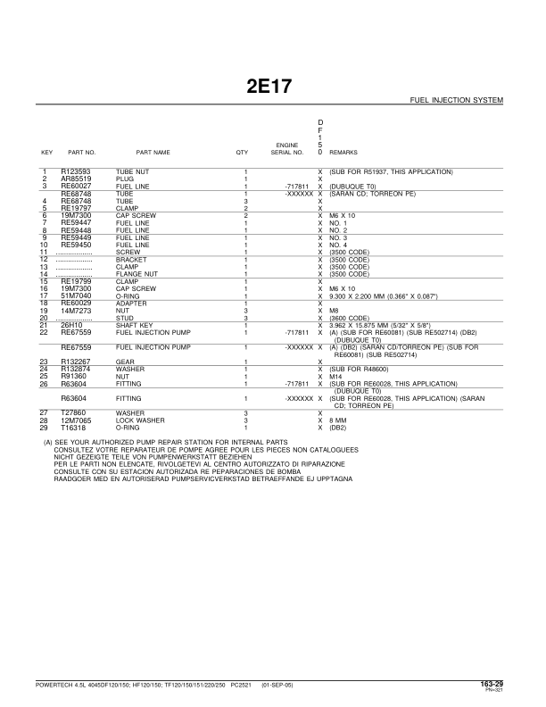 John Deere 4.5L, 4045TF250, 4045DF120, 4045DF150, 4045HF120, 4045HF150, 4045TF120, 4045TF150, 4045TF151, 4045TF220 Engines Parts Catalog Manual – PC2521 Workshop Guide