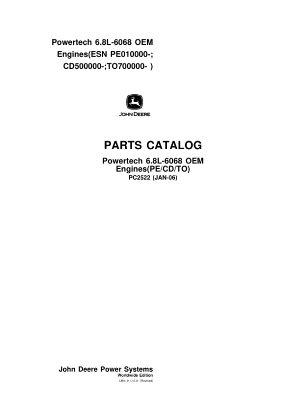 John Deere 6.8L Engines (see description for applicable model) Parts Catalog Manual – PC2522 Workshop Guide