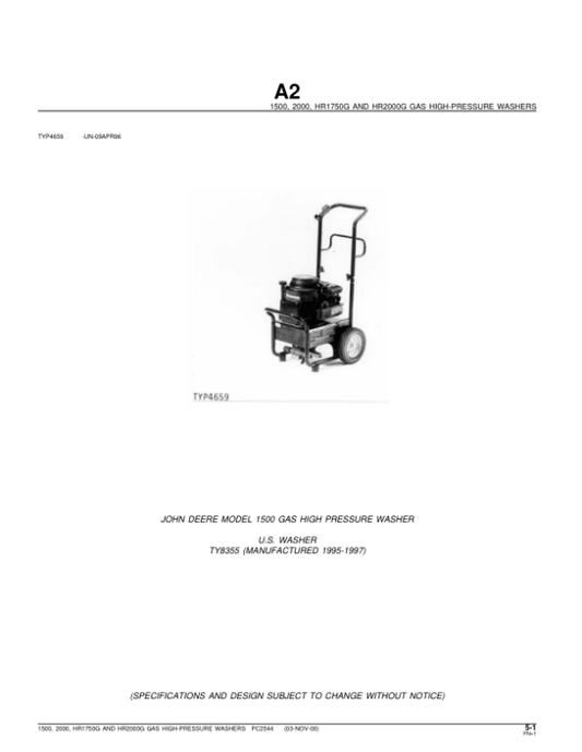 John Deere 1500, 2000, HR1750G, HR2000G GAS High-Pressure Washers Parts Catalog Manual – PC2544 Workshop Guide