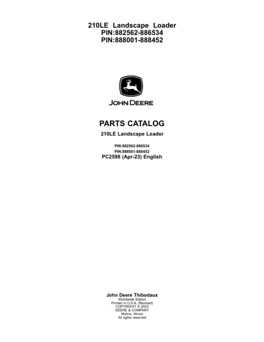 John Deere 210LE Landscape Loaders Parts Catalog Manual – PC2598 Workshop Guide
