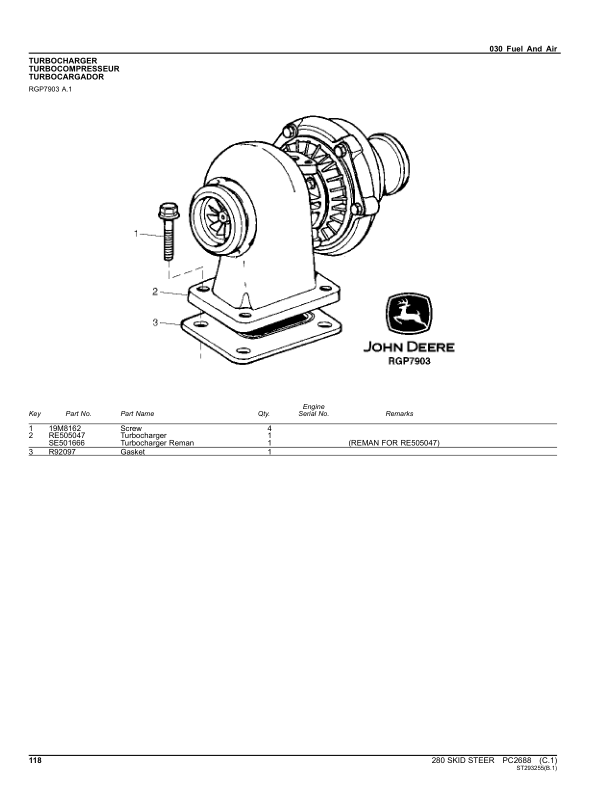 John Deere 280 Skid Steers Parts Catalog Manual – PC2688 Workshop Guide