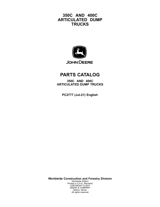John Deere 350C, 400C Articulated Dump Trucks Parts Catalog Manual – PC2777 Workshop Guide