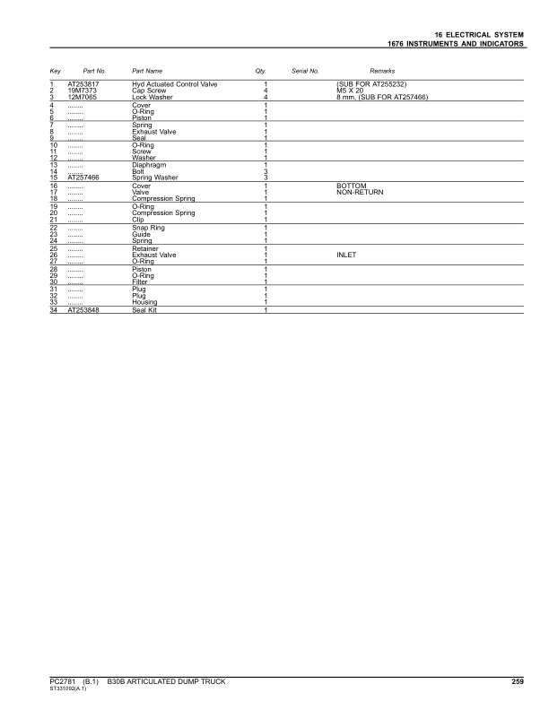 John Deere B30B Articulated Dump Trucks Parts Catalog Manual – PC2781 Workshop Guide