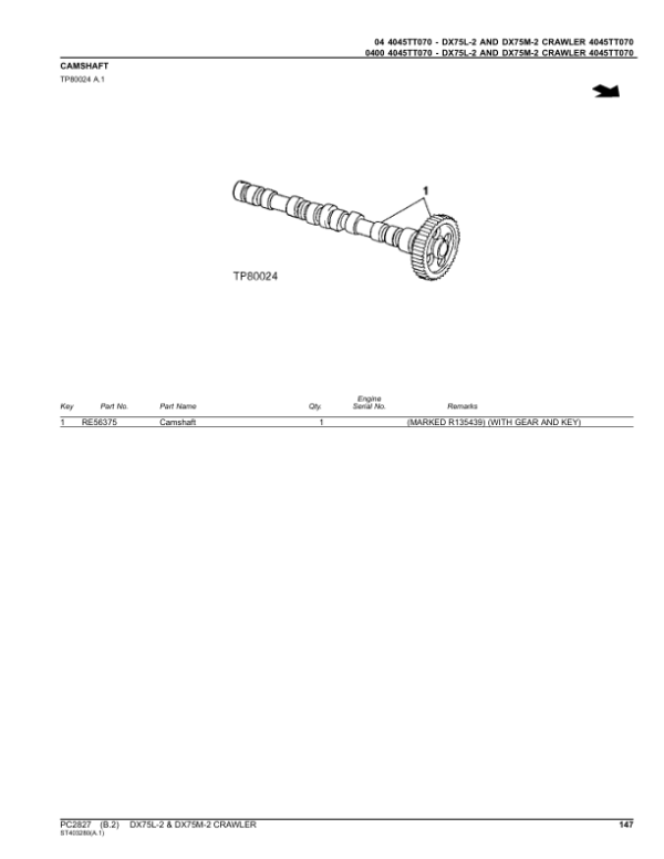 John Deere DX75L-2, DX75M-2 Crawlers Parts Catalog Manual – PC2827 Workshop Guide