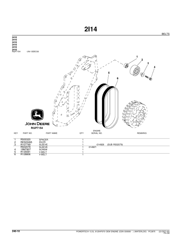 John Deere 12.5L, 6125HF070 Engines (SN after 030000 –) Parts Catalog Manual – PC2875 Workshop Guide