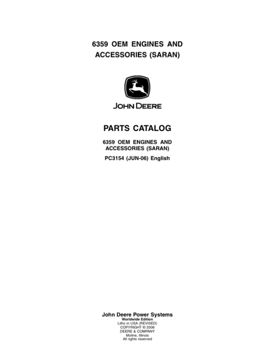 John Deere 6359 Engines Parts Catalog Manual – PC3154 Workshop Guide