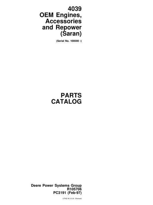 John Deere 4039 Engines (SN after 100000–) Parts Catalog Manual – PC3191 Workshop Guide