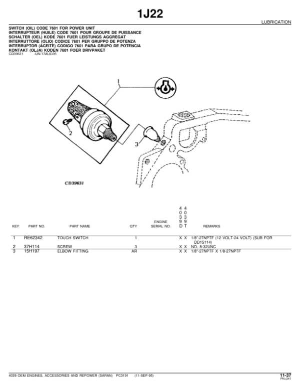 John Deere 4039 Engines (SN after 100000–) Parts Catalog Manual – PC3191 Workshop Guide