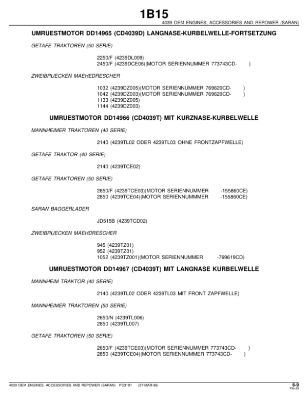 John Deere 4039 Engines (SN after 100000–) Parts Catalog Manual – PC3191 Workshop Guide