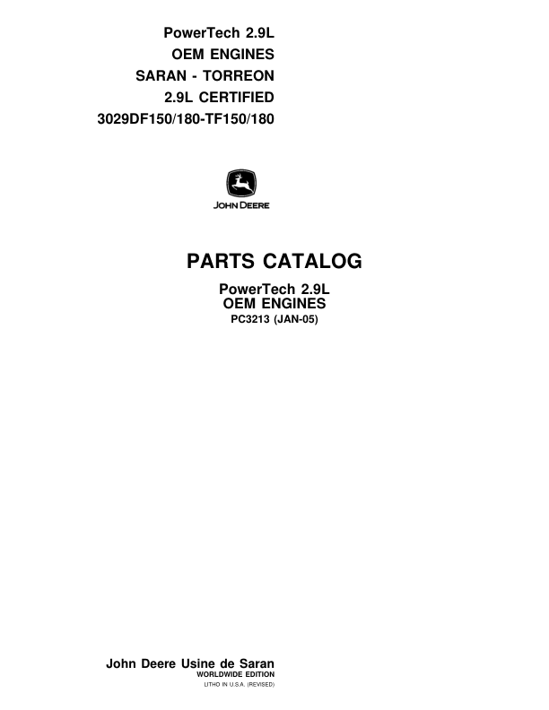 John Deere 2.9L Engines Parts Catalog Manual – PC3213 Workshop Guide