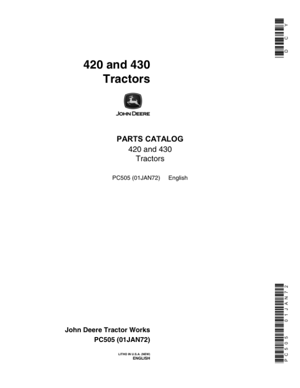 John Deere 420, 430 Tractors Parts Catalog Manual – PC505 Workshop Guide
