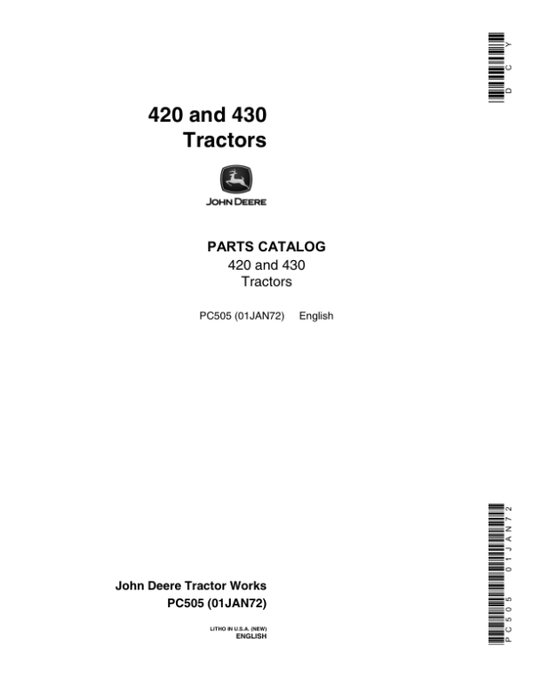 John Deere 420, 430 Tractors Parts Catalog Manual – PC505 Workshop Guide