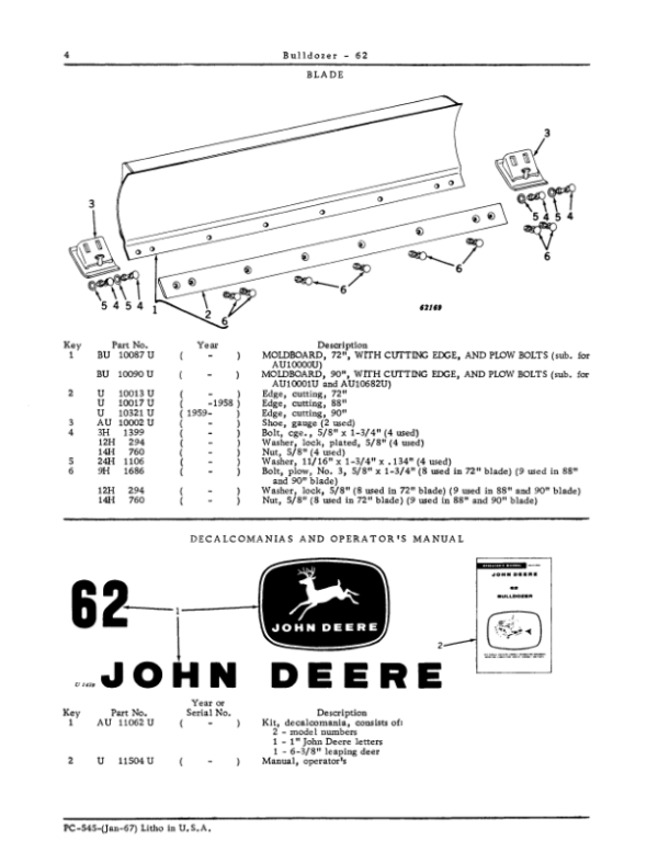 John Deere 62 Attachments (SN JD 62 Bulldozer and 440 Industrial Crawler) Parts Catalog Manual – PC545 Workshop Guide