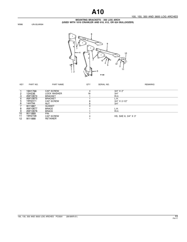 John Deere 100, 150, 350, 3600 Log Arches Attachments Parts Catalog Manual – PC591 Workshop Guide