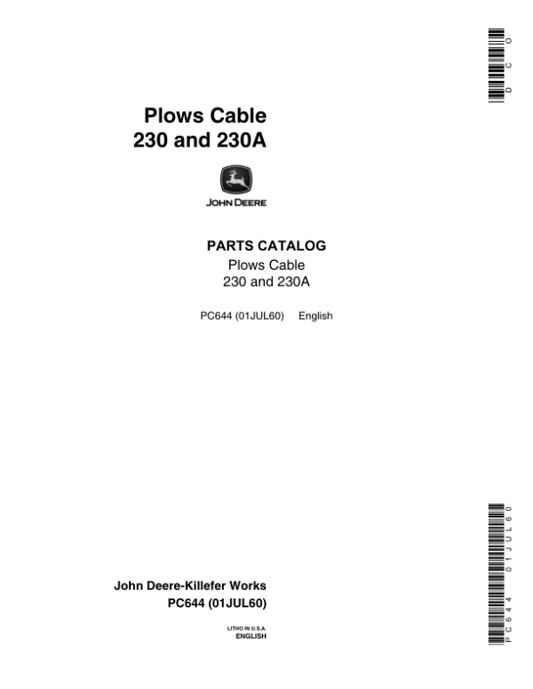 John Deere 230, 230A Attachments (See description) Parts Catalog Manual – PC644 Workshop Guide