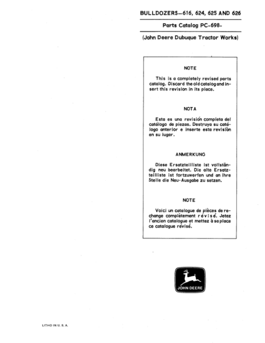 John Deere 616, 624, 625, 626 Attachments (BULLDOZER BLADE) Parts Catalog Manual – PC698 Workshop Guide