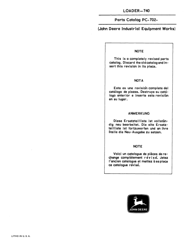 John Deere 740 Attachments (Loader 740 and 4010 Wheel Tractor YR 1961 – 1963) Parts Catalog Manual Workshop Guide