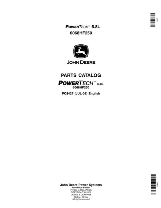 John Deere 6.8L, 6068HF250 Engines Parts Catalog Manual – PC8427 Workshop Guide