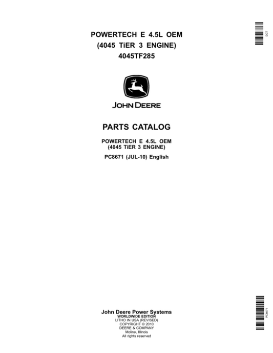 John Deere 4.5L, 4045TF285 Engines Tier 3 Parts Catalog Manual – PC8671 Workshop Guide