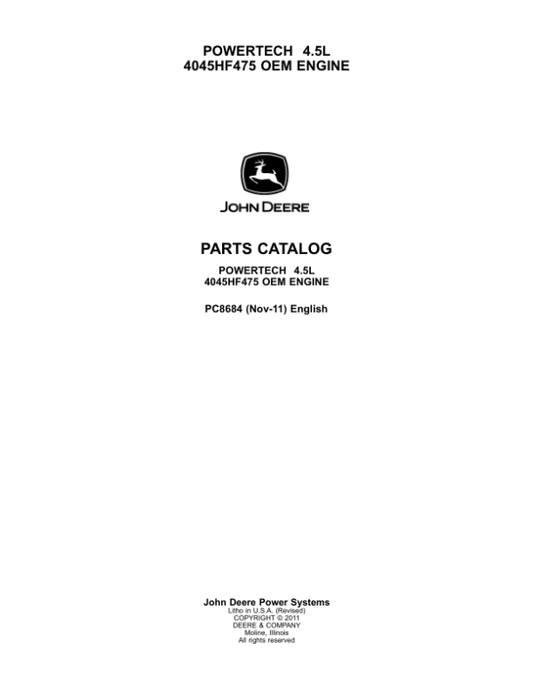 John Deere 4.5L, 4045HF475 Engines Parts Catalog Manual – PC8684 Workshop Guide