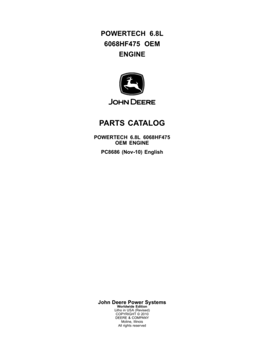 John Deere POWERTECH 6.8L Engines 6068HF475 Parts Catalog Manual – PC8686 Workshop Guide