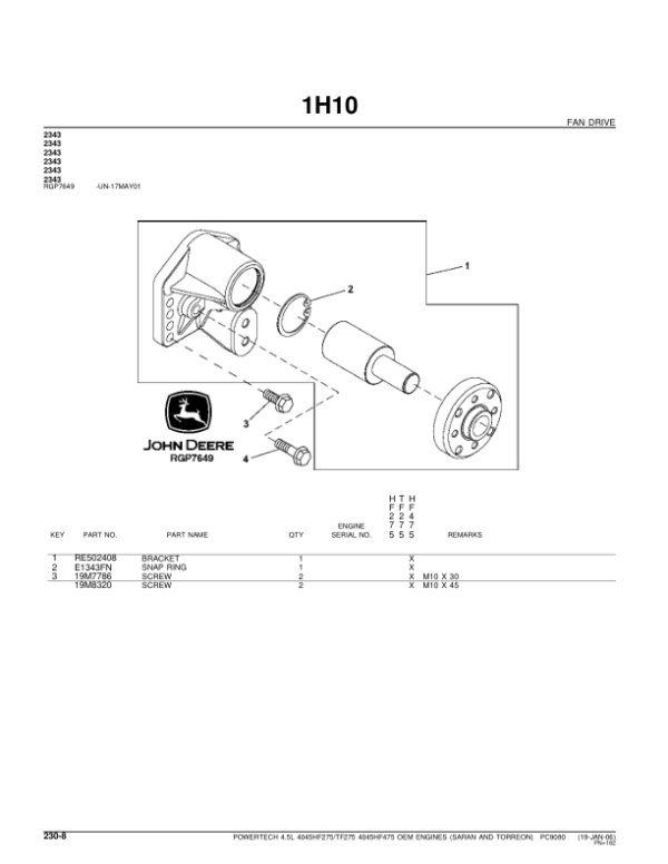 John Deere 4.5L, 4045, 4045HF275, 4045TF275, 4045HF475 Engines Parts Catalog Manual – PC9080 Workshop Guide