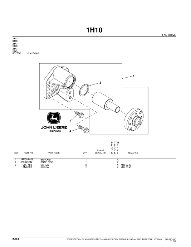 John Deere 4.5L, 4045, 4045HF275, 4045TF275, 4045HF475 Engines Parts Catalog Manual – PC9080 Workshop Guide