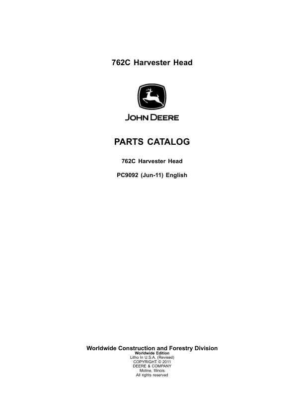 John Deere 762C Harvesting Heads Parts Catalog Manual – PC9092 Workshop Guide