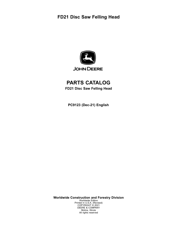John Deere FD21 Felling Heads Parts Catalog Manual – PC9123 Workshop Guide