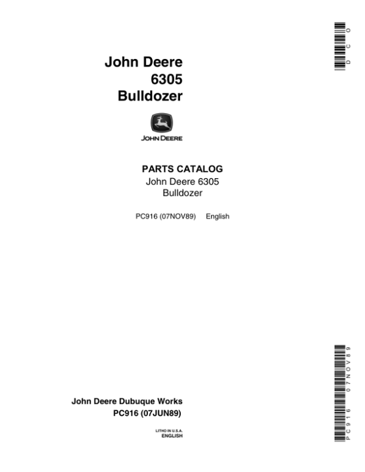 John Deere 6305 Attachments (SN 6305 BULLDOZER AND JD350 CRAWLER) Parts Catalog Manual – PC916 Workshop Guide