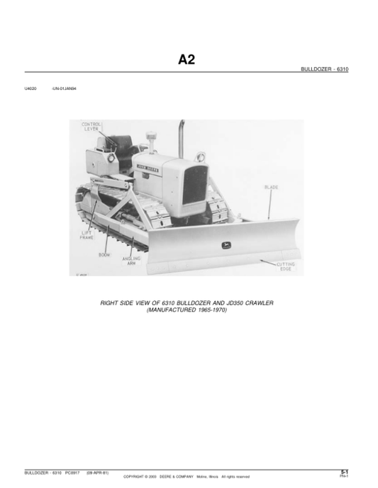 John Deere 6310 Attachments (SN 6310 Bulldozer and JD350 Crawler) Parts Catalog Manual – PC917 Workshop Guide