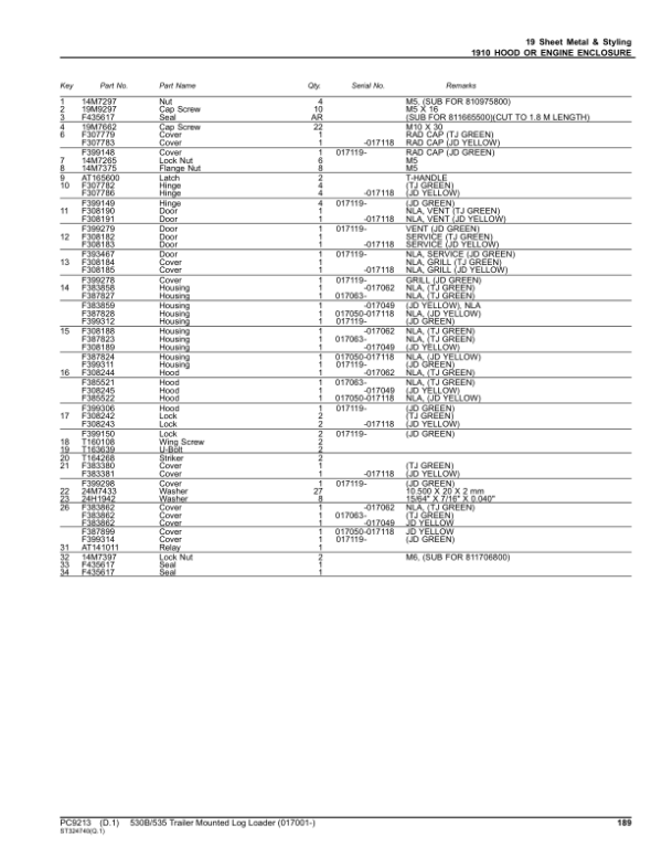 John Deere 530B, 535 Log Loaders (SN 017001-) Parts Catalog Manual – PC9213 Workshop Guide