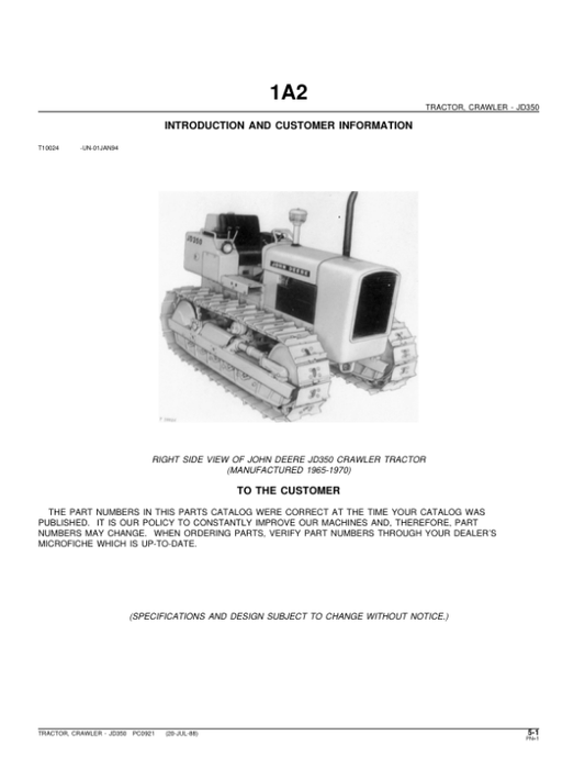 John Deere 350 Crawlers Parts Catalog Manual – PC921 Workshop Guide