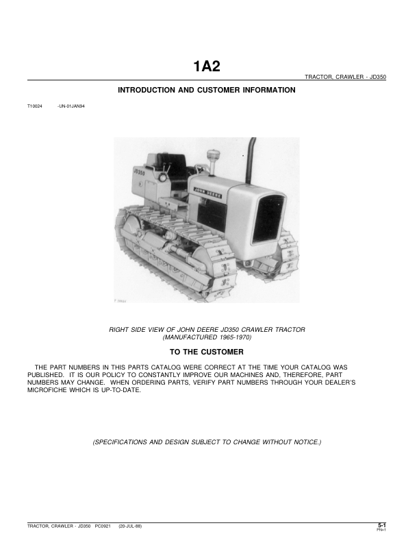John Deere 350 Crawlers Parts Catalog Manual – PC921 Workshop Guide