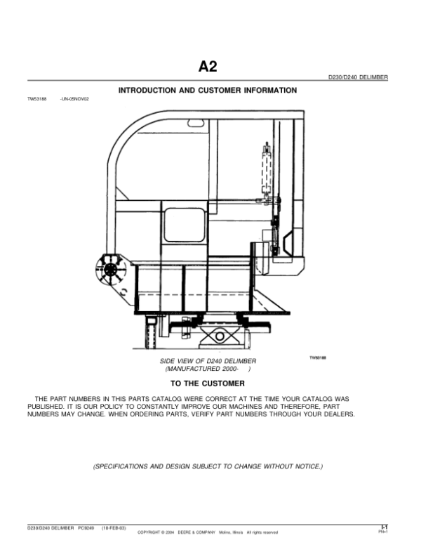 John Deere D230, D240 Delimber Attachments Parts Catalog Manual – PC9249 Workshop Guide