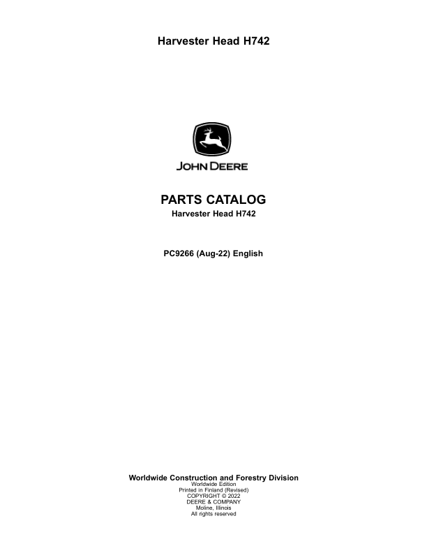 John Deere H742 Harvesting Heads Parts Catalog Manual – PC9266 Workshop Guide