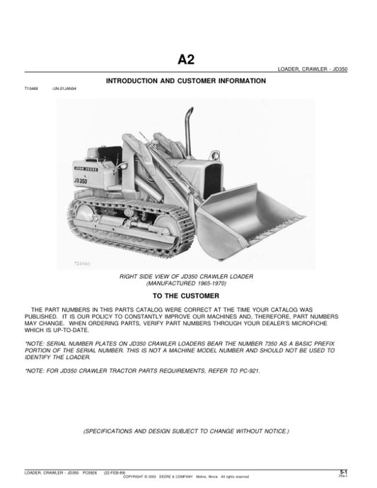 John Deere 350 Attachments (350 Crawler Loader Attachment Only (YR 1965-1970) Parts Catalog Manual – PC926 Workshop Guide