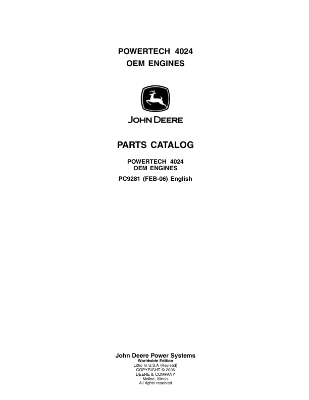 John Deere 2.4L, 4024TF220, 4024TF270 Engines Tier 2 Parts Catalog Manual – PC9281 Workshop Guide