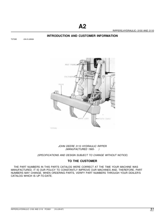John Deere 3100, 3110 Attachments (John Deere Hydraulic Ripper YR 1965 –) Parts Catalog Manual – PC931 Workshop Guide