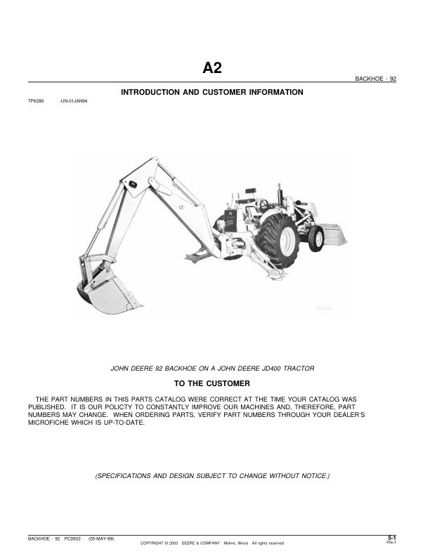 John Deere 92 Attachments (SN 92 Backhoe Attachment on a JD400 Tractor) Parts Catalog Manual – PC932 Workshop Guide