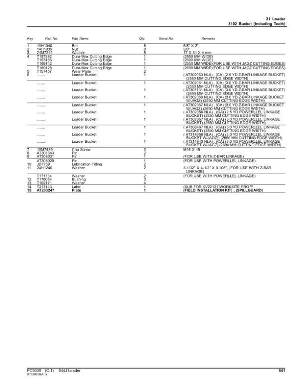 John Deere 544J Loaders (SN -611799) Parts Catalog Manual – PC9339 Workshop Guide