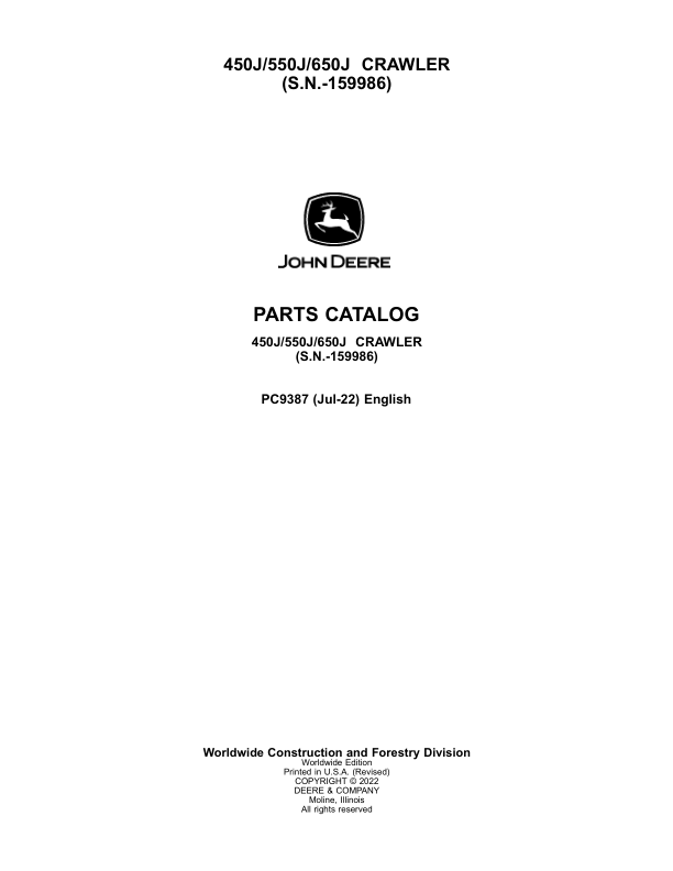 John Deere 450J, 550J, 650J Crawlers (SN –159986) Parts Catalog Manual – PC9387 Workshop Guide