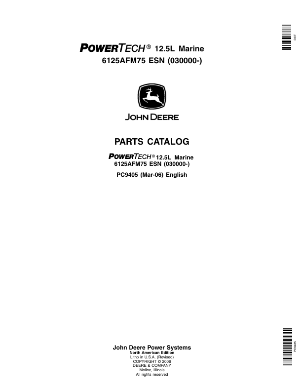 John Deere 12.5L, 6125 Engines (SN 030000–) Parts Catalog Manual – PC9405 Workshop Guide