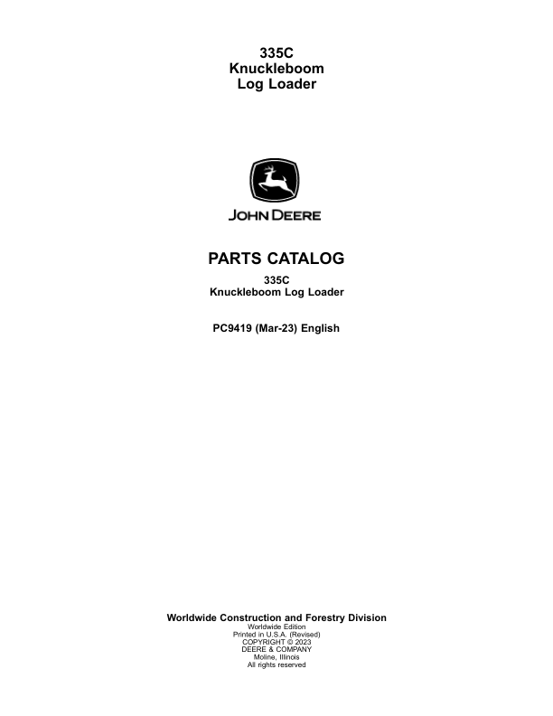 John Deere 335C Knuckleboom Loader Parts Catalog Manual – PC9419 Workshop Guide