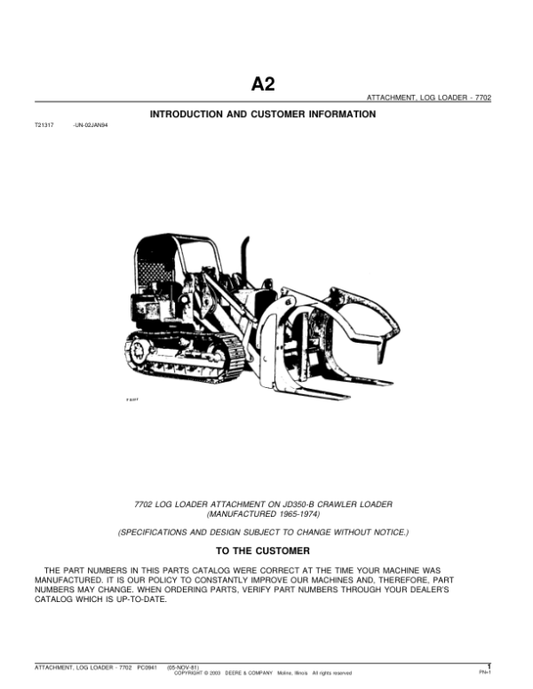 John Deere 7702 Log Loader Attachment on a 350B Crawler Loader Parts Catalog Manual – PC941 Workshop Guide