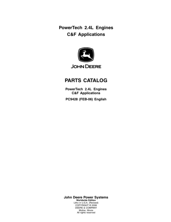 John Deere 2.4L, 4024TTXXX Engines Parts Catalog Manual – PC9428 Workshop Guide