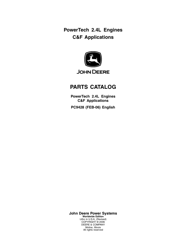John Deere 2.4L, 4024TTXXX Engines Parts Catalog Manual – PC9428 Workshop Guide
