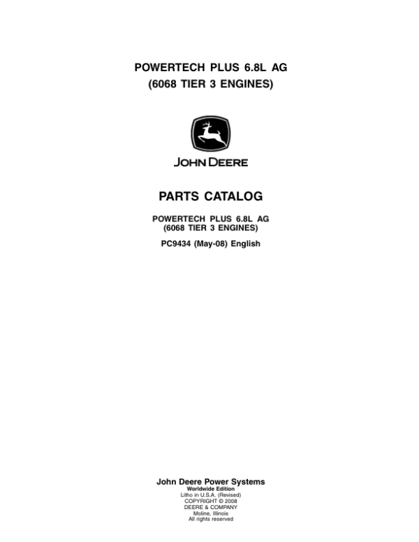 John Deere 6.8L, 6068 Engines Tier 3 Parts Catalog Manual – PC9434 Workshop Guide